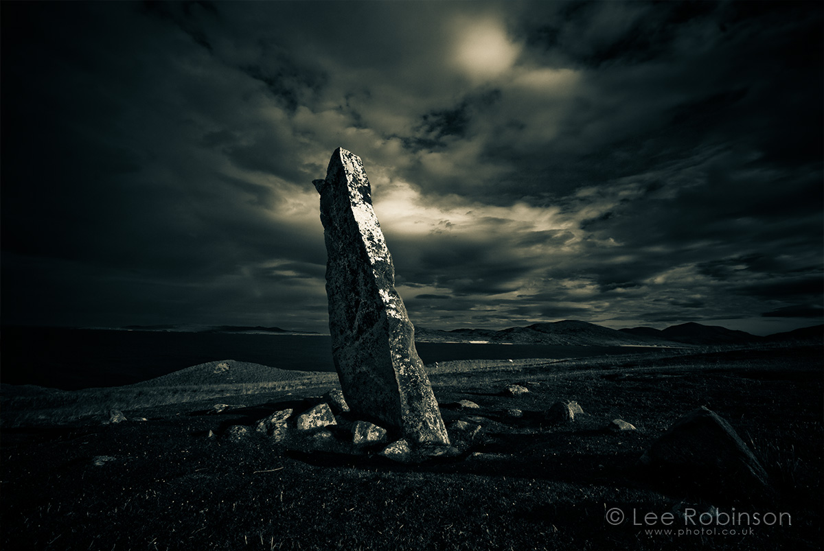 Lee robinson photography, www.photol.co.uk, black and white photograph of McLeods Stone, Isle of Harris, Outer Hebrides, Scotland