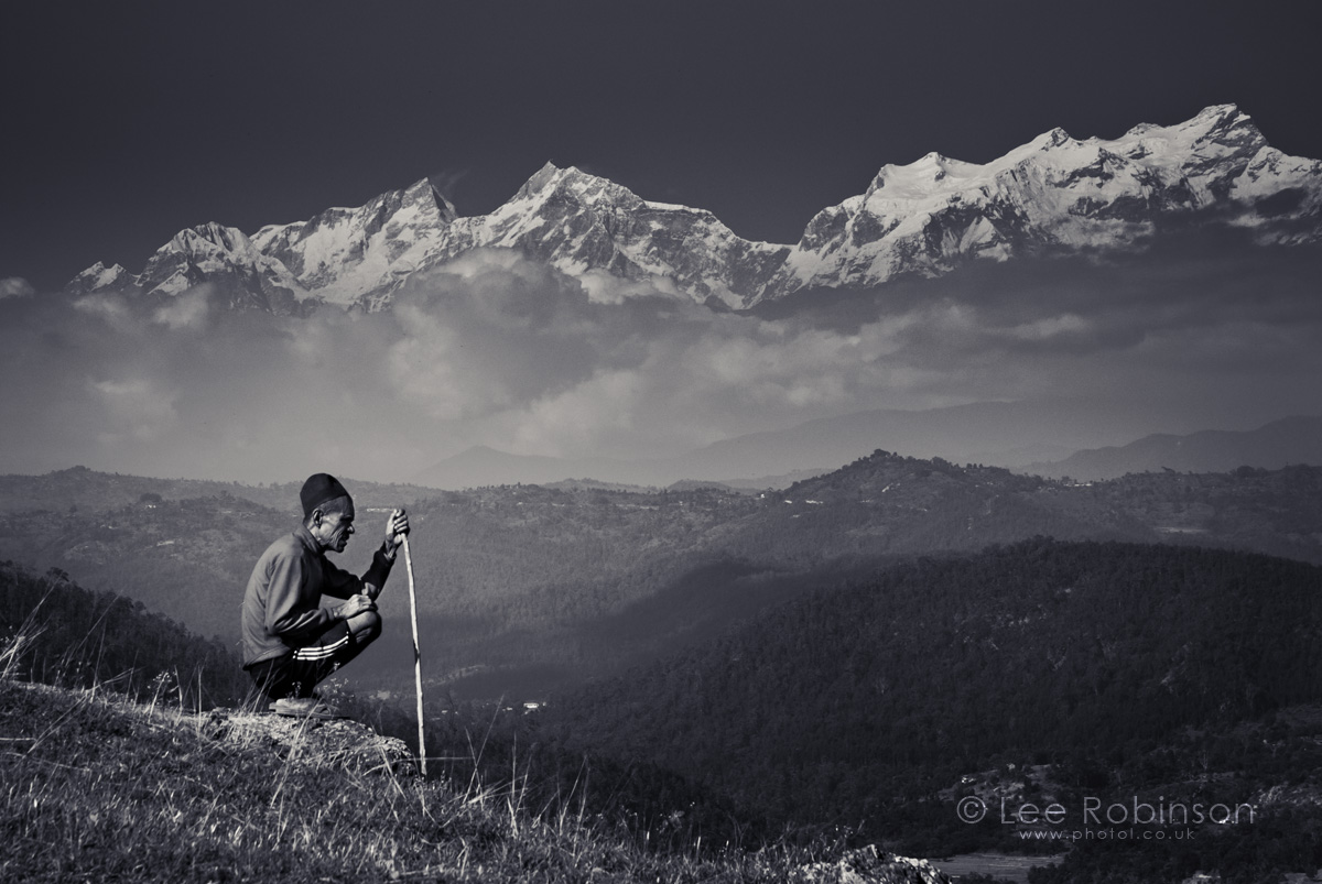 black and white Photo of the Annapurna range, Himalayas from near Pokhara, Nepal